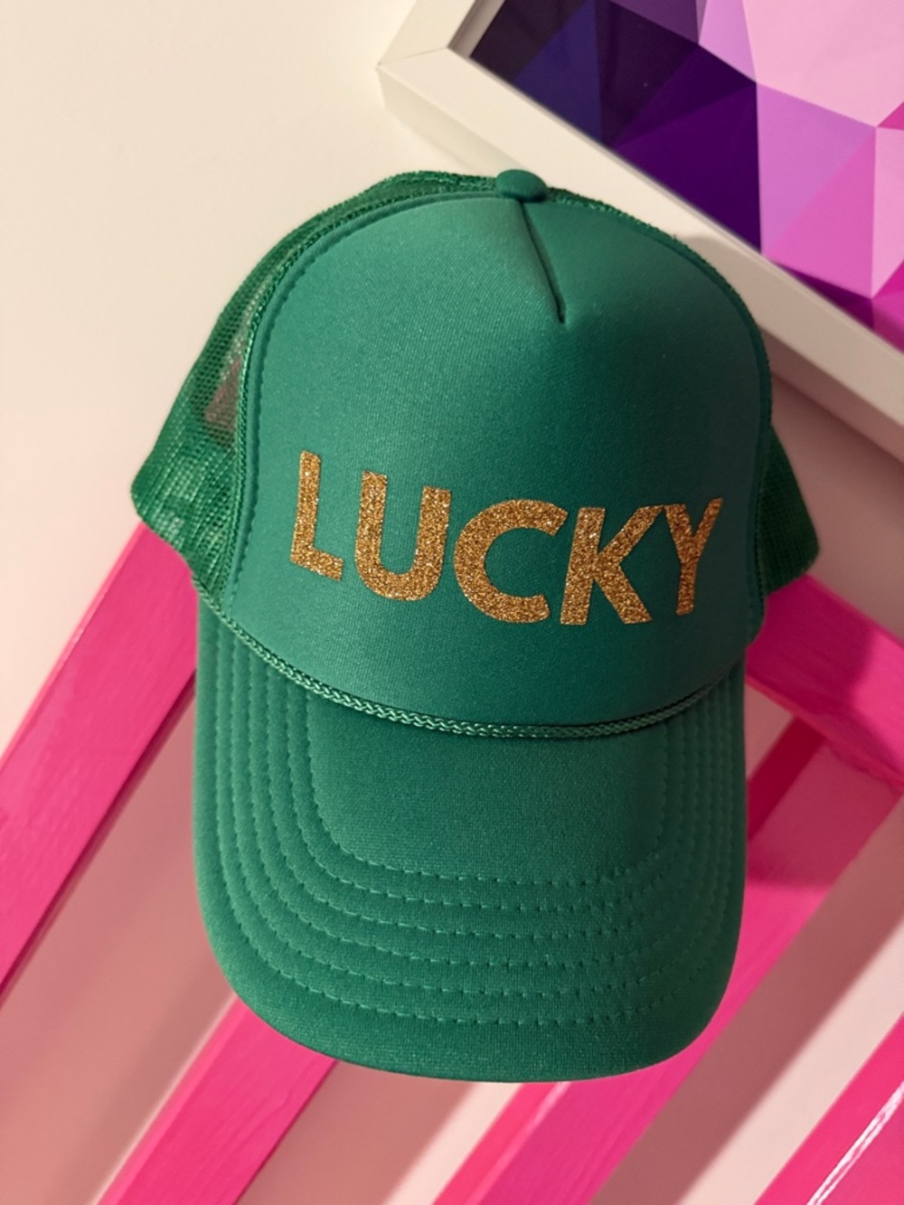 Green 'LUCKY' Glitter Trucker Hat